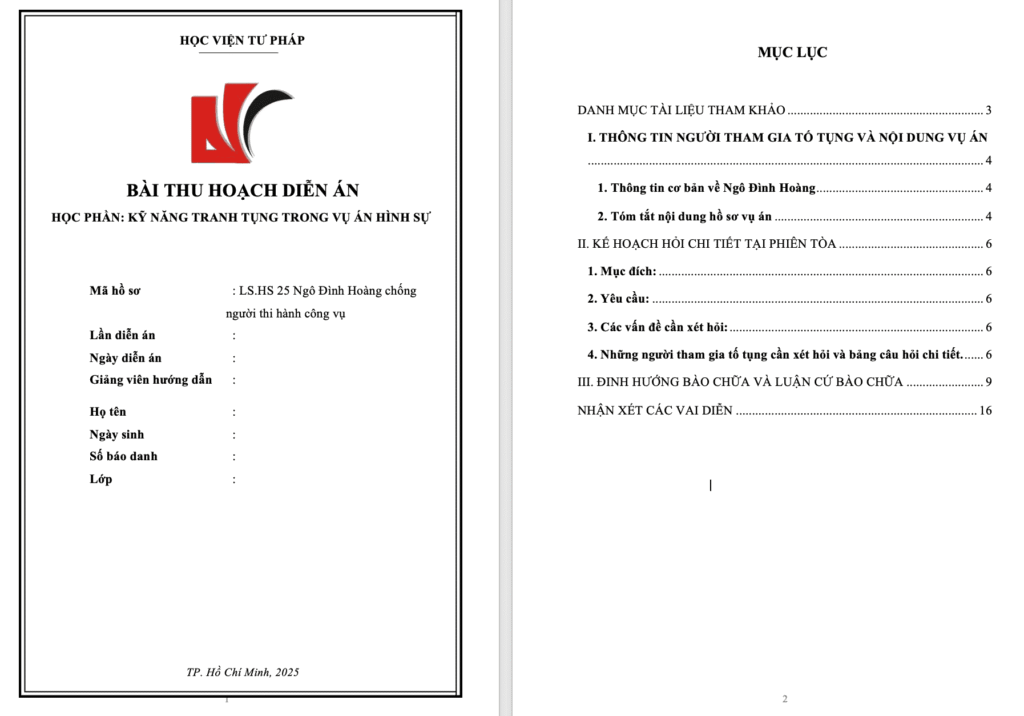 Bìa và mục lục của bài thu hoạch 25